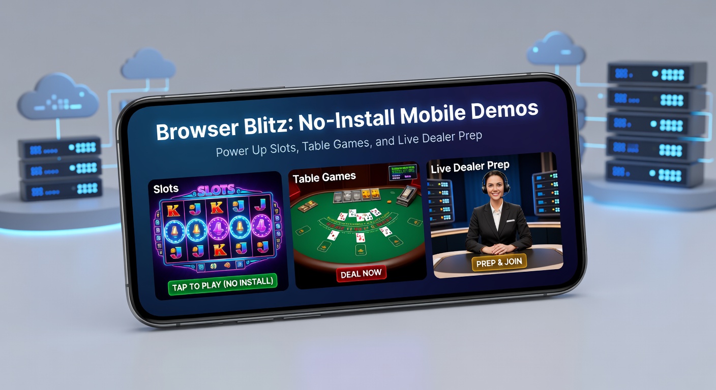 Smartphone mit laufendem Slot-Demo im Browser, umgeben von Casino-Icons für Slots und Tischspiele