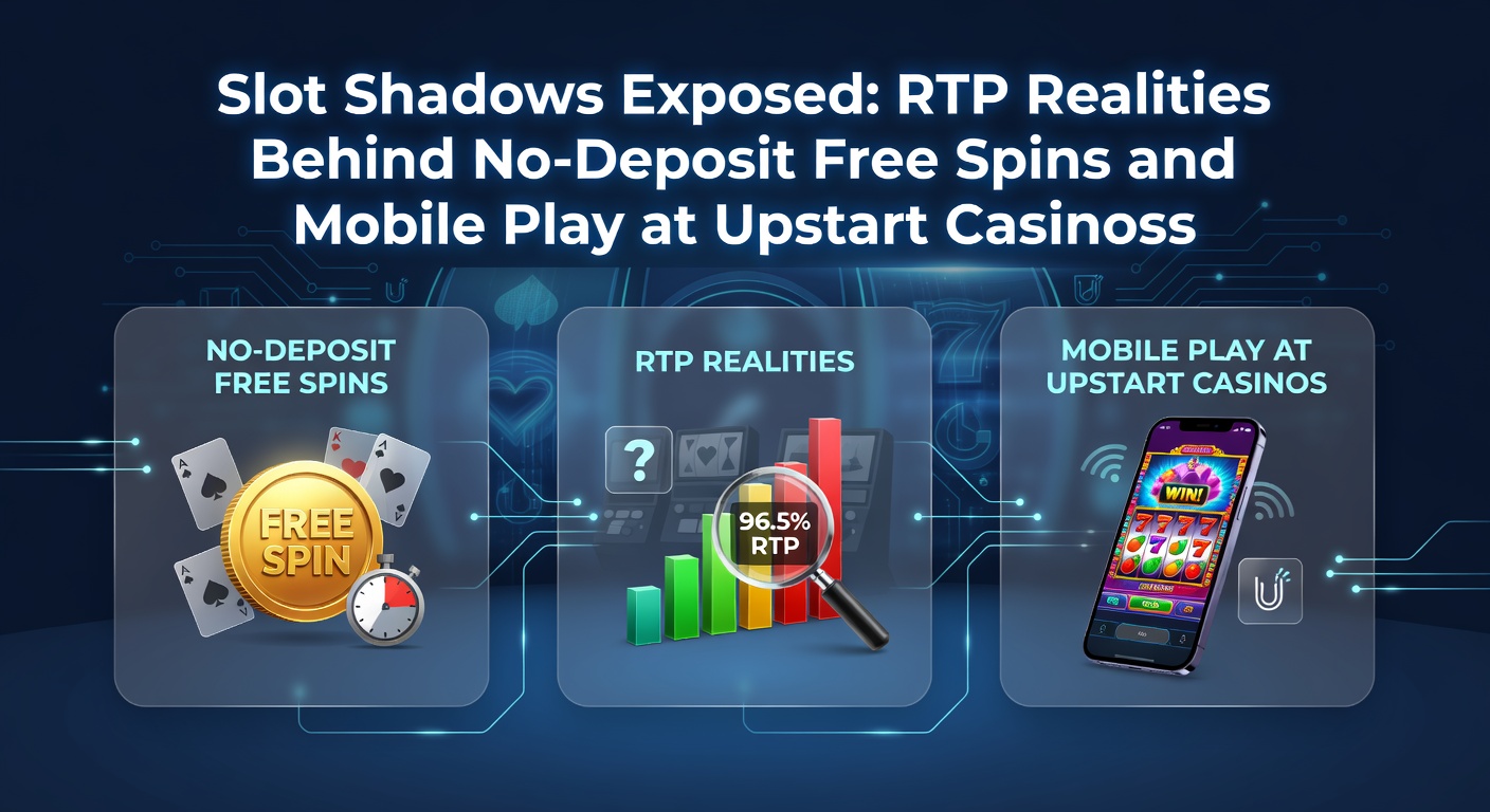 Dunkle Slot-Maschinen-Silhouetten mit leuchtenden RTP-Werten und mobilen Smartphones im Vordergrund, die No-Deposit-Free-Spins symbolisieren