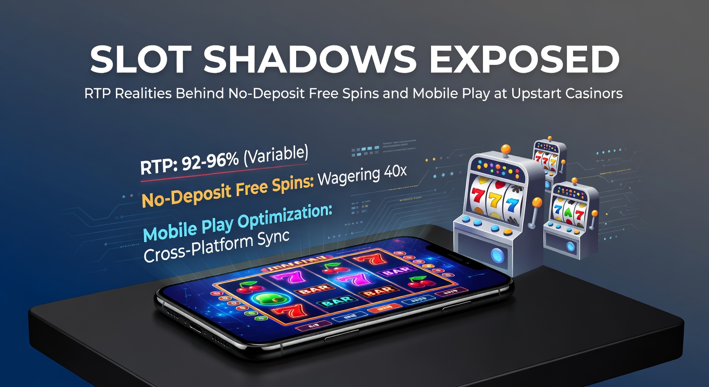 Smartphone mit laufendem Slot-Spiel, No-Deposit-Free-Spins-Banner und RTP-Diagramm im Hintergrund, das Mobile-Play-Herausforderungen bei neuen Casinos illustriert